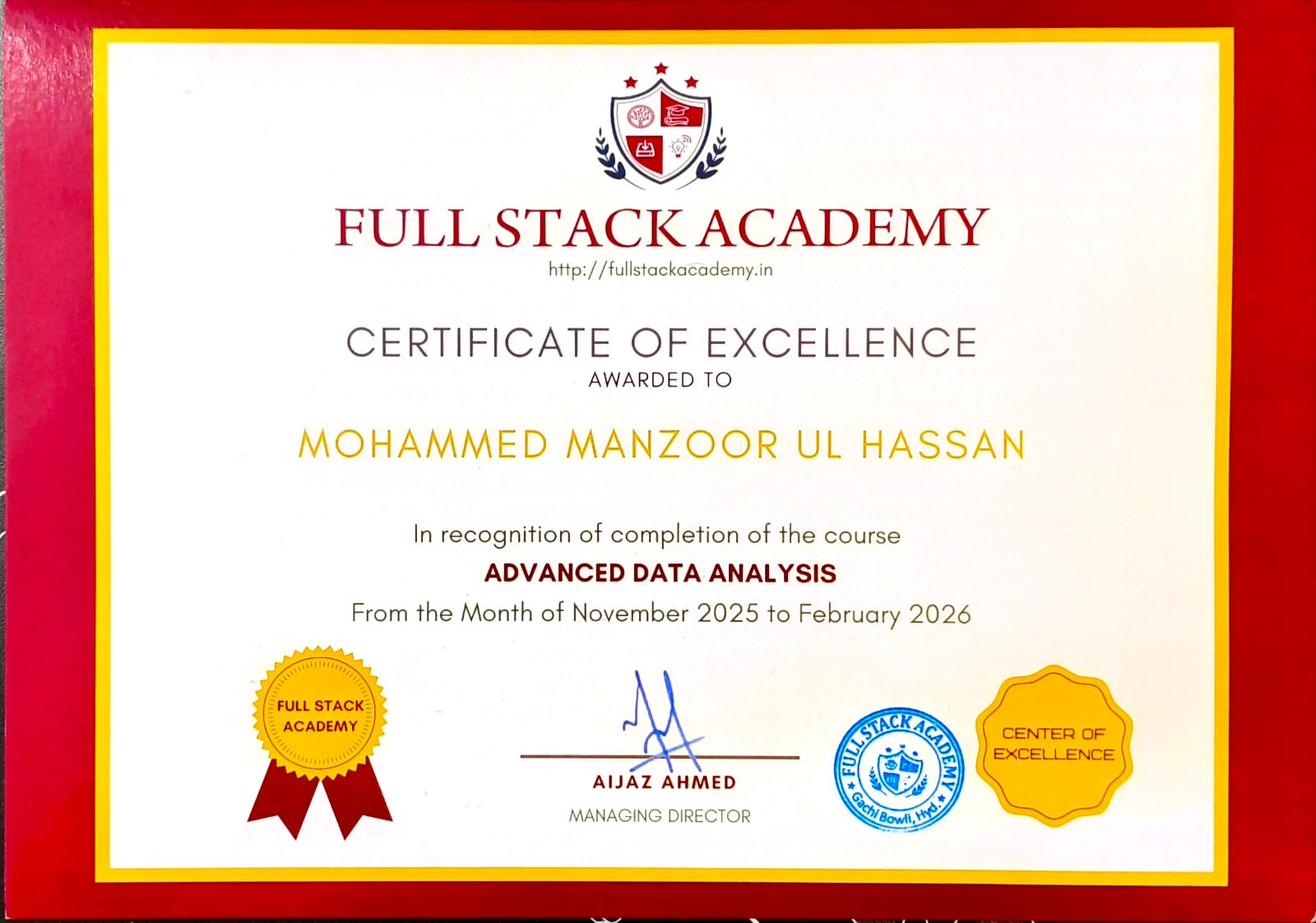 Advanced Data Analysis certificate from Full Stack Academy